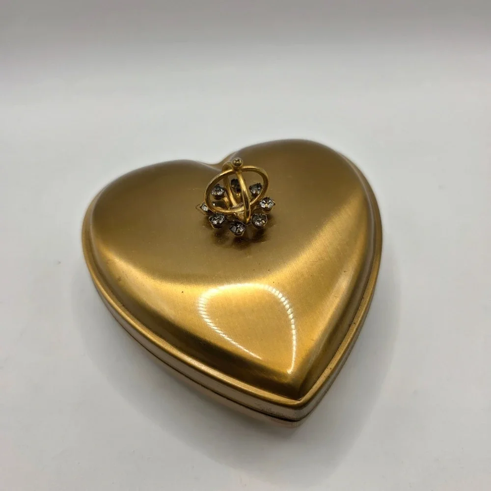 Vintage‎ Gold Heart Jewelry Box Rhinestone Crown Finial Hinged Trinket Case